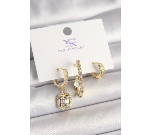 Pirinç Gold Renk Zirkon Taşlı Baget Halka Model 3'Lü Kadın Kombin Küpe Pirinç Gold Renk Zirkon Taşlı Baget Halka Model 3'Lü Kadın Kombin Küpe