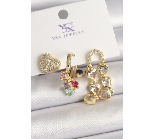 Pirinç Gold Renk Sallantı Zirkon Taşlı Kalp Model 3'Lü Kadın Kombin Küpe Pirinç Gold Renk Sallantı Zirkon Taşlı Kalp Model 3'Lü Kadın Kombin Küpe