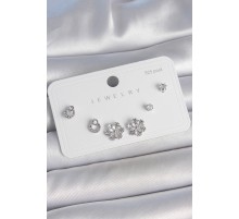 Pirinç Gümüş Renk Zirkon Taşlı Kar Tanesi Model 925 Ayar Gümüş Çivi Kadın Küpe Seti