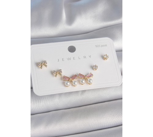 Pirinç Gold Renk Pembe Zirkon Taşlı Fiyonk Model İnci Detay 925 Ayar Gümüş Çivi Kadın Küpe Seti Pirinç Gold Renk Pembe Zirkon Taşlı Fiyonk Model İnci Detay 925 Ayar Gümüş Çivi Kadın Küpe Seti