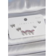 Pirinç Gümüş Renk Pembe Zirkon Taşlı Kurdele Model İnci Detay 925 Ayar Gümüş Çivi Kadın Küpe Seti