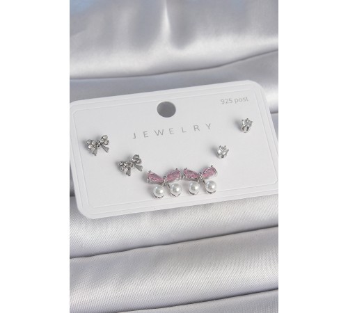 Pirinç Gümüş Renk Pembe Zirkon Taşlı Kurdele Model İnci Detay 925 Ayar Gümüş Çivi Kadın Küpe Seti Pirinç Gümüş Renk Pembe Zirkon Taşlı Kurdele Model İnci Detay 925 Ayar Gümüş Çivi Kadın Küpe Seti