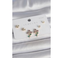 Pirinç Gold Renk Renkli Zirkon Taşlı Çiçek Model Yaprak Detay 925 Ayar Gümüş Çivi Kadın Küpe Seti