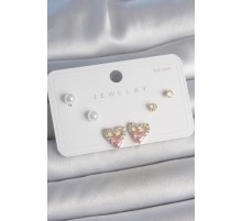 Pirinç Gold Renk Pembe Zirkon Taşlı Kalp Model İnci Detay 925 Ayar Kadın Küpe Seti