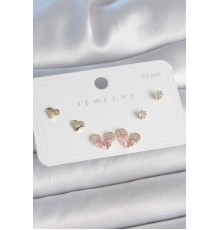 Pirinç Gold Renk Pembe Zirkon Taşlı Kalp Model 925 Ayar Gümüş Çivi Kadın Küpe Seti