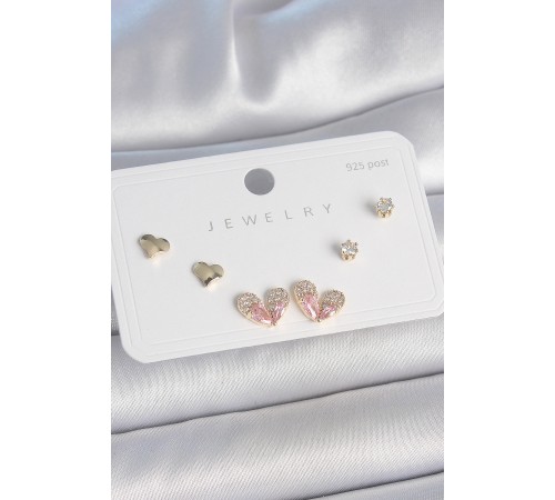 Pirinç Gold Renk Pembe Zirkon Taşlı Kalp Model 925 Ayar Gümüş Çivi Kadın Küpe Seti Pirinç Gold Renk Pembe Zirkon Taşlı Kalp Model 925 Ayar Gümüş Çivi Kadın Küpe Seti