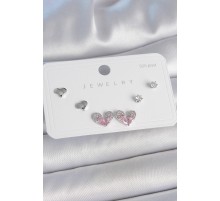 Pirinç Gümüş Renk Pembe Zirkon Taşlı Kalp Model 925 Ayar Gümüş Çivi Kadın Küpe Seti