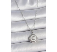 316L Çelik Gümüş Renk Zincir Beyaz Mineli Hilal İşlemeli Madalyon Model Kadın Kolye