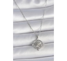316L Çelik Gümüş Renk Zincir Zirkon Taşlı Pusula Model Kadın Kolye