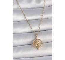 316L Çelik Gold Renk Zincir Zirkon Taşlı Pusula Model Kadın Kolye