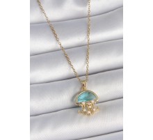 316L Çelik Gold Renk Mavi Taşlı Deniz Anası Model İnci Detay Kadın Kolye