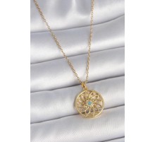 316L Çelik Gold Renk Zincr Mavi Taşlı Lotus Model Kadın Kolye