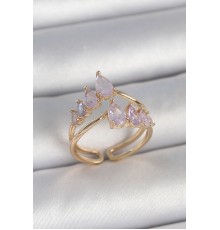 Pirinç Gold Renk Mor Damla Zirkon Taşlı Taç Model Kadın Yüzük