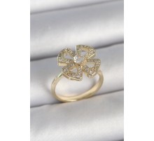 Pirinç Gold Renk Zirkon Taşlı Yonca Model Ayarlanabilir Kadın Yüzük