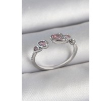 Pirinç Gümüş Renk Pembe Damla Zirkon Taşlı Ayarlanabilir Model Kadın Yüzük