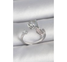 Pirinç Gümüş Renk Zirkon Taşlı Deniz Kabuğu Model Ayarlanabilir Kadın Yüzük