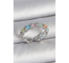 Pirinç Gümüş Renk Renkli Mineli Ayarlanabilir Kadın Yüzük