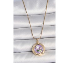316L Çelik Gold Renk Zincir Mor Çiçek İşlemeli İnci Detay Potre Model Kadın Kolye