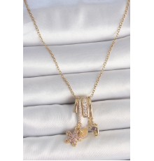 316L Çelik Gold Renk Sallantı Zirkon Taşlı Mor Taşlı Ayıcık Figür Charm Kadın Kolye