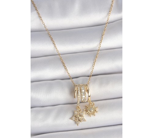 316L Çelik Gold Renk Sallantı Zirkon Taşlı Yıldız Güneş Figür Charm Kadın Kolye 316L Çelik Gold Renk Sallantı Zirkon Taşlı Yıldız Güneş Figür Charm Kadın Kolye