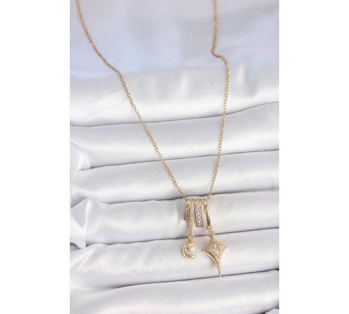 316L Çelik Gold Renk Zirkon Taşlı Sallantı Ay Yıldız Figür Charm Kadın Kolye 316L Çelik Gold Renk Zirkon Taşlı Sallantı Ay Yıldız Figür Charm Kadın Kolye