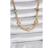 316L Çelik Gold Renk İtalyan Zincir Renkli Zirkon Taşlı Kalp Figür Kadın Kolye