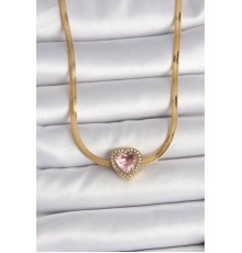 316L Çelik Gold Renk İtalyan Zincir Pembe Zirkon Taşlı Kalp Model Kadın Kolye
