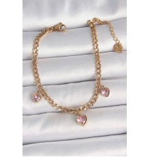 316L Çelik Gold Renk Zincir Sallantı Pembe Zirkon Taşlı Kalp Model Kadın Bileklik