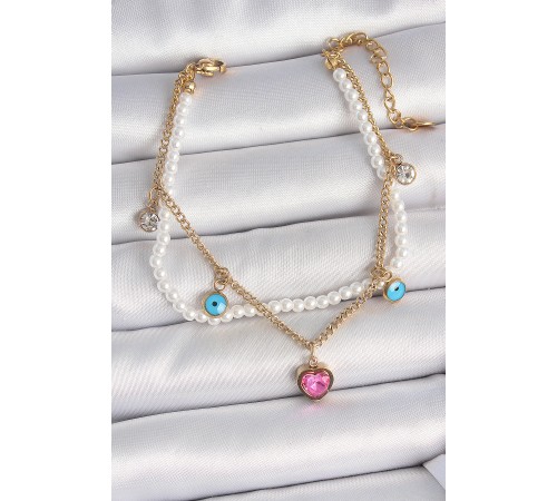 316L Çelik Gold Renk 2'Li İncili Zincir Sallantı Pembe Kalp Model Nazar Boncuk Detay Kadın Bileklik 316L Çelik Gold Renk 2'Li İncili Zincir Sallantı Pembe Kalp Model Nazar Boncuk Detay Kadın Bileklik