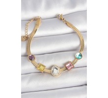 316L Çelik Gold Renk İtalyan Zincir Renkli Zirkon Taşlı Kadın Bileklik