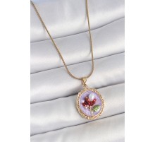 316L Çelik Gold Renk Zincir Mor Mineli İncili Çiçek İşlemeli Portre Model Kadın Kolye