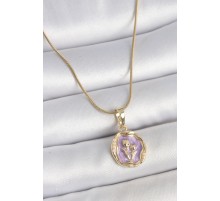 316L Çelik Gold Renk Zincir Mor Mineli Çiçek İşlemeli Portre Model Kadın Kolye