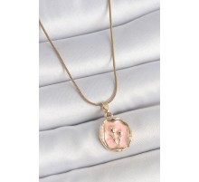 316L Çelik Gold Renk Zincir Pembe Mineli Çiçek İşlemeli Portre Model Kadın Kolye