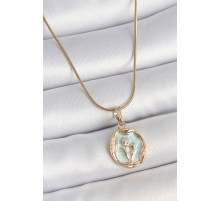 316L Çelik Gold Renk Zincir Turkuaz Mineli Çiçek İşlemeli Portre Model Kadın Kolye