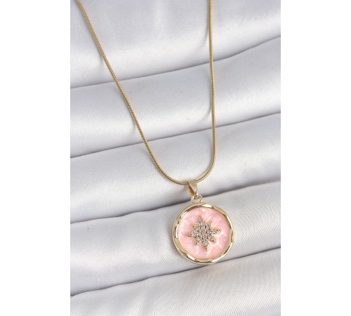 316L Çelik Gold Renk Zincir Pembe Mineli Zirkon Taşlı Kuzey Yıldız İşlemeli Madalyon Model Kadın Kolye 316L Çelik Gold Renk Zincir Pembe Mineli Zirkon Taşlı Kuzey Yıldız İşlemeli Madalyon Model Kadın Kolye