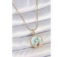 316L Çelik Gold Renk Zincir Mavi Mineli İnci Çiçek İşlemeli Zirkon Taş Detaylı Madalyon Model Kadın Kolye