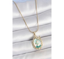 316L Çelik Gold Renk Zincir Mavi Mineli Çiçek İşlemeli Zirkon Taş Detaylı Portre Model Kadın Kolye