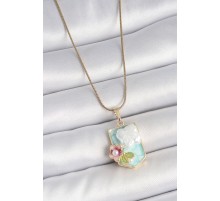 316L Çelik Gold Renk Zincir Mavi Mineli İncili Çiçek İşlemeli Portre Model Kadın Kolye