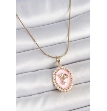 316L Çelik Gold Renk Zincir Pembe Mineli İncli Zirkon Taşlı Çiçek İşlemeli Portre Model Kadın Kolye