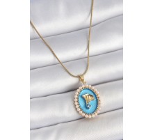 316L Çelik Gold Renk Zincir Mavi Mineli İncili Zirkon Taşlı Çiçek İşlemeli Portre Model Kadın Kolye
