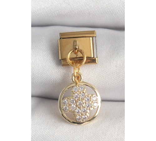 316L Çelik Gold Renk Sallantı Zirkon Taşlı Yonca Model Nomination Charm 316L Çelik Gold Renk Sallantı Zirkon Taşlı Yonca Model Nomination Charm