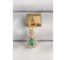 316L Çelik Gold Renk Sallantı Damla Yeşil Zirkon Taşlı Nomination Charm
