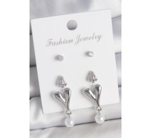 Pirinç Gümüş Renk Zirkon Taşlı Sallantılı Kalp Model 3 Çift Kadın Küpe Seti