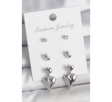 Pirinç Gümüş Renk Zirkon Taşlı Sallantılı Kalp Model 3 Çift Kadın Küpe Seti