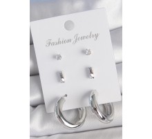 Pirinç Gümüş Renk Zirkon Taş Detay Halka Model 3 Çift Kadın Küpe Seti