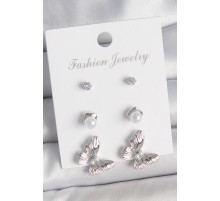 Pirinç Gümüş Renk Zirkon Taşlı İnci Detaylı Kelebek Model 3 Çift Kadın Küpe Seti