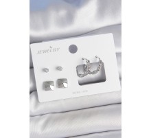 Pirinç Gümüş Renk Zirkon Taşlı Burgu Halka Model Kare Detay 3 Çift Kadın Küpe Seti