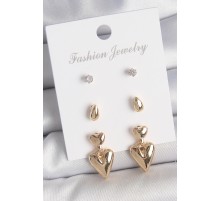 Pirinç Gold Renk Zirkon Taşlı Sallantılı Kalp Model 3 Çift Kadın Küpe Seti