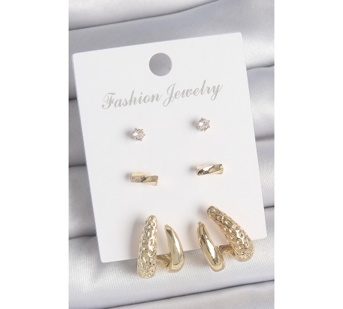 Pirinç Gold Renk Zirkon Taşlı İşlemeli Motif Model 3 Çift Kadın Küpe Seti Pirinç Gold Renk Zirkon Taşlı İşlemeli Motif Model 3 Çift Kadın Küpe Seti