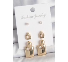 Pirinç Gold Renk Zirkon Taşlı Sallantılı Kare Model 3 Çift Kadın Küpe Seti